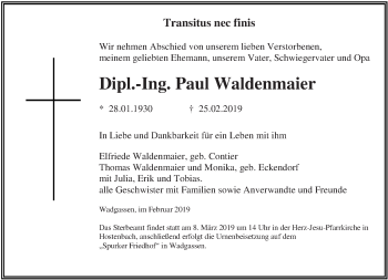 Traueranzeige von Paul Waldenmaier von saarbruecker_zeitung