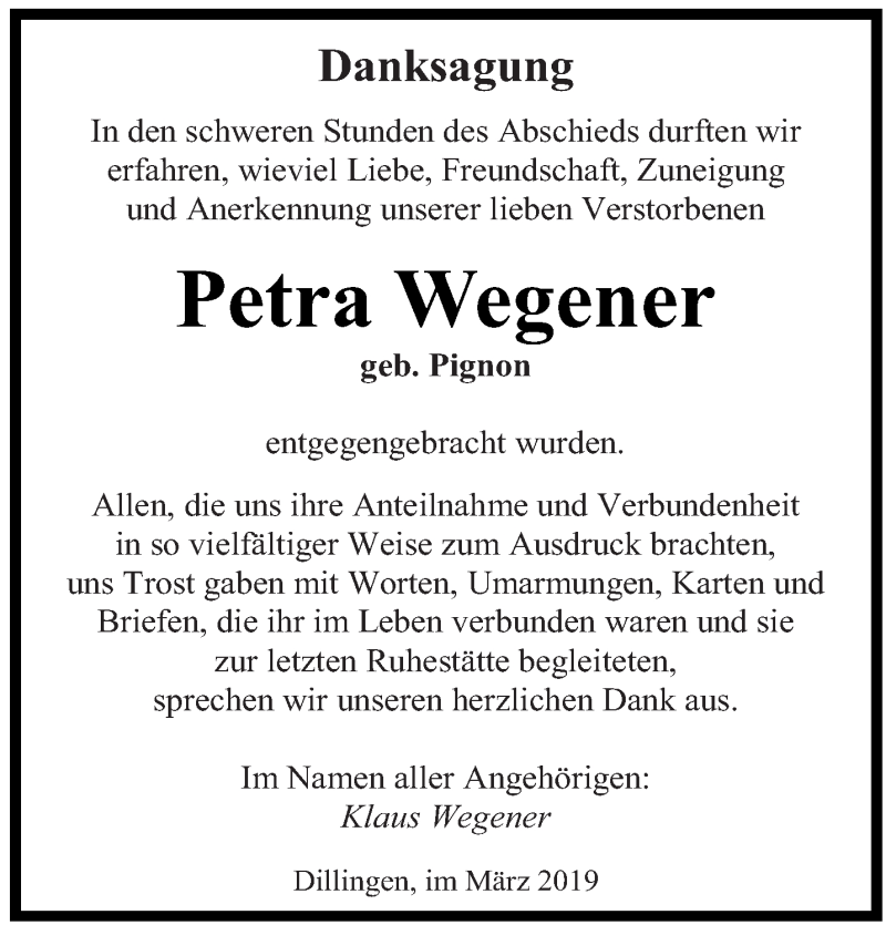  Traueranzeige für Petra Wegener vom 23.03.2019 aus saarbruecker_zeitung