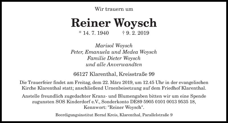  Traueranzeige für Reiner Woysch vom 16.03.2019 aus saarbruecker_zeitung