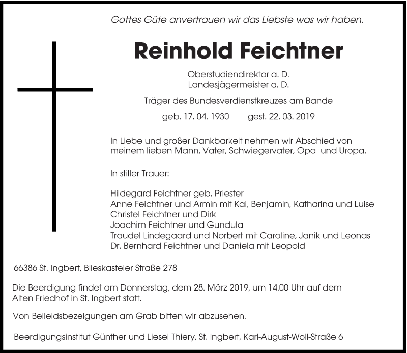  Traueranzeige für Reinhold Feichtner vom 26.03.2019 aus saarbruecker_zeitung