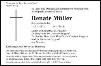Traueranzeige von Renate Müller von saarbruecker_zeitung