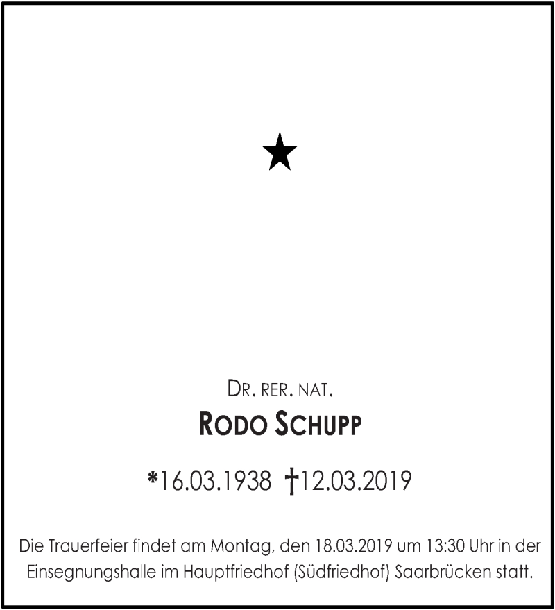  Traueranzeige für Rodo Schupp vom 16.03.2019 aus saarbruecker_zeitung