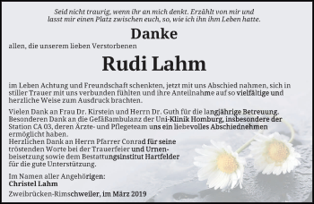 Traueranzeige von Rudi Lahm von saarbruecker_zeitung
