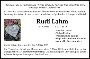 Traueranzeige von Rudi Lahm von saarbruecker_zeitung