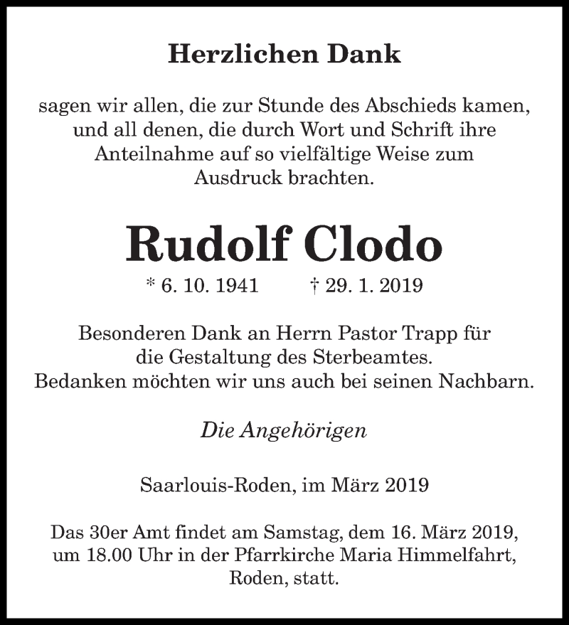  Traueranzeige für Rudolf Clodo vom 09.03.2019 aus saarbruecker_zeitung