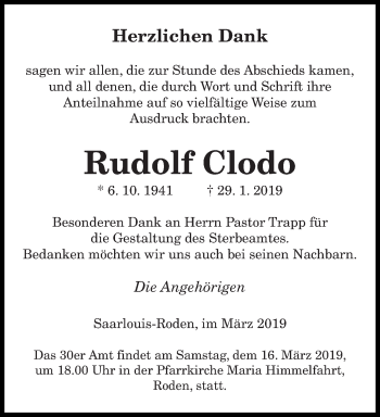 Traueranzeige von Rudolf Clodo von saarbruecker_zeitung