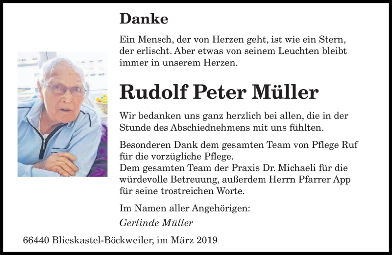 Traueranzeige für Rudolf Peter Müller vom 09.03.2019 aus saarbruecker_zeitung