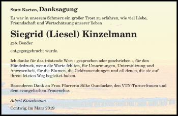 Traueranzeige von Siegrid Kinzelmann von saarbruecker_zeitung