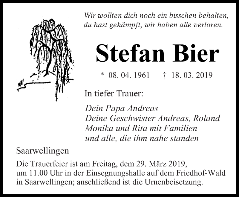  Traueranzeige für Stefan Bier vom 26.03.2019 aus saarbruecker_zeitung