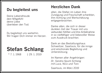 Traueranzeige von Stefan Schlang von saarbruecker_zeitung