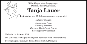 Traueranzeige von Tanja Lauer von saarbruecker_zeitung