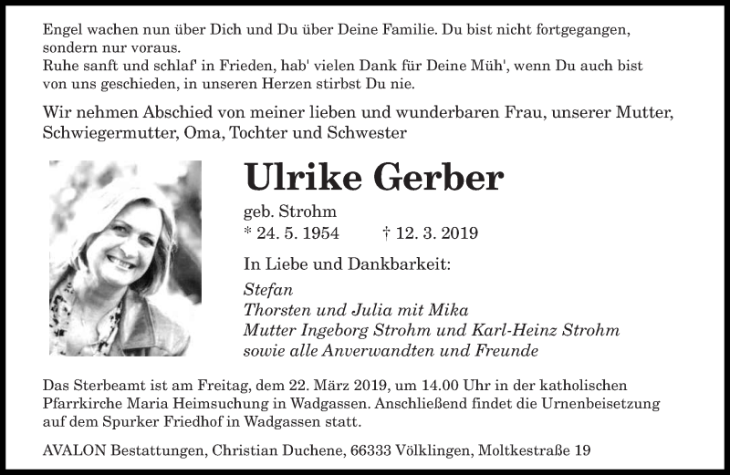  Traueranzeige für Ulrike Gerber vom 16.03.2019 aus saarbruecker_zeitung