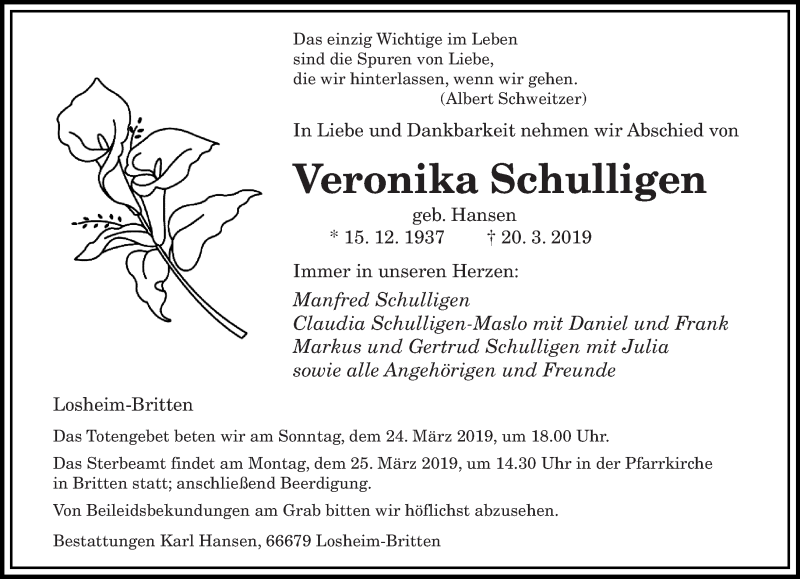  Traueranzeige für Veronika Schulligen vom 23.03.2019 aus saarbruecker_zeitung