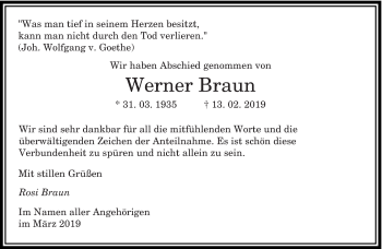 Traueranzeige von Werner Braun von saarbruecker_zeitung
