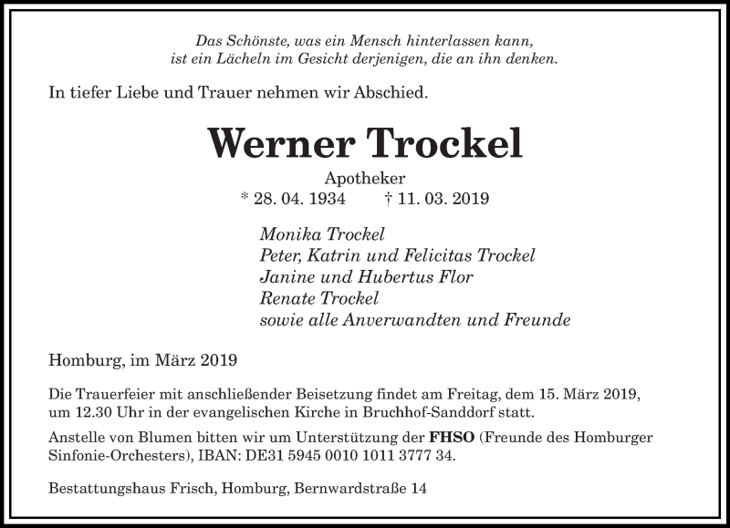  Traueranzeige für Werner Trockel vom 13.03.2019 aus saarbruecker_zeitung