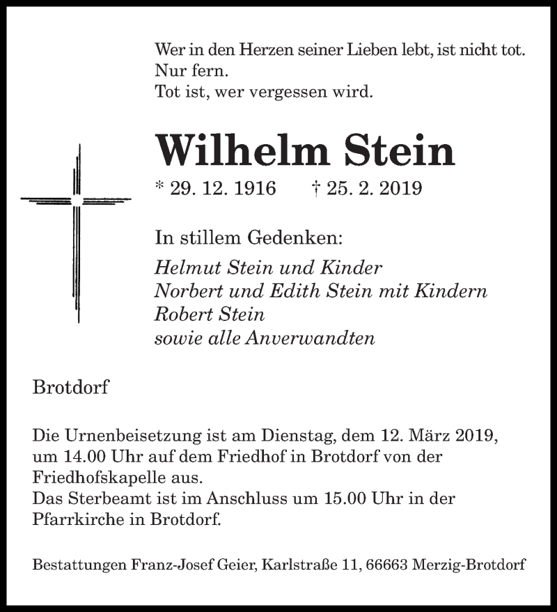  Traueranzeige für Wilhelm Stein vom 08.03.2019 aus saarbruecker_zeitung