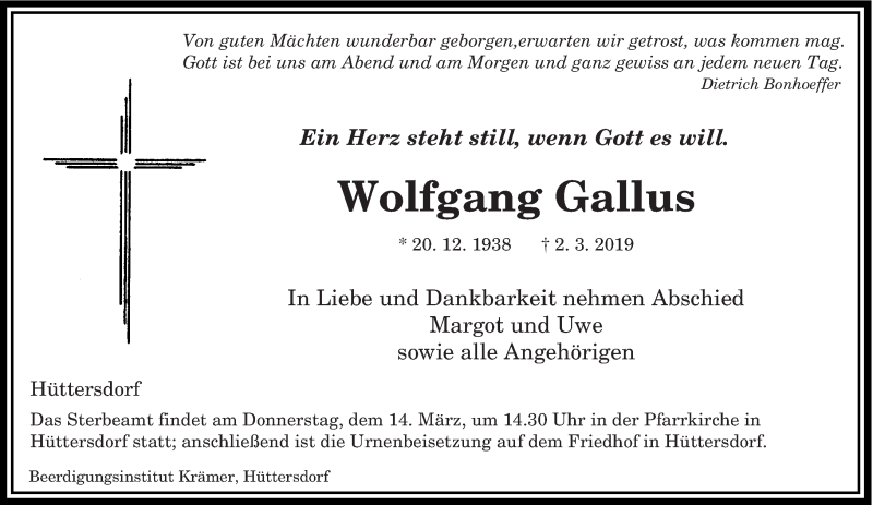  Traueranzeige für Wolfgang Gallus vom 09.03.2019 aus saarbruecker_zeitung