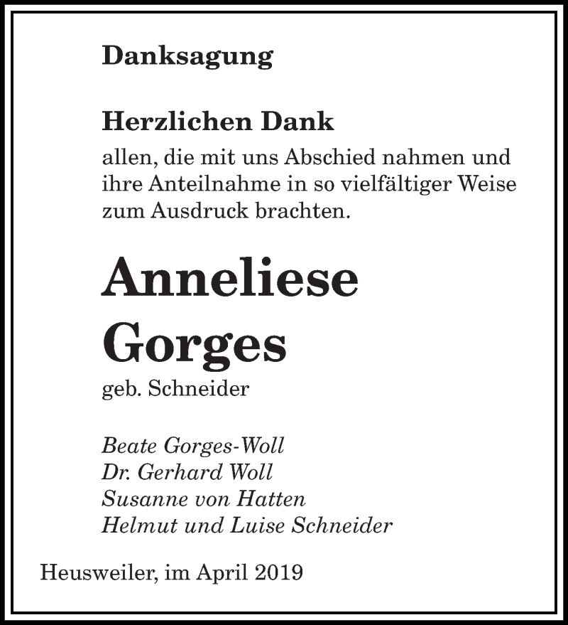  Traueranzeige für Anneliese Gorges vom 17.04.2019 aus saarbruecker_zeitung