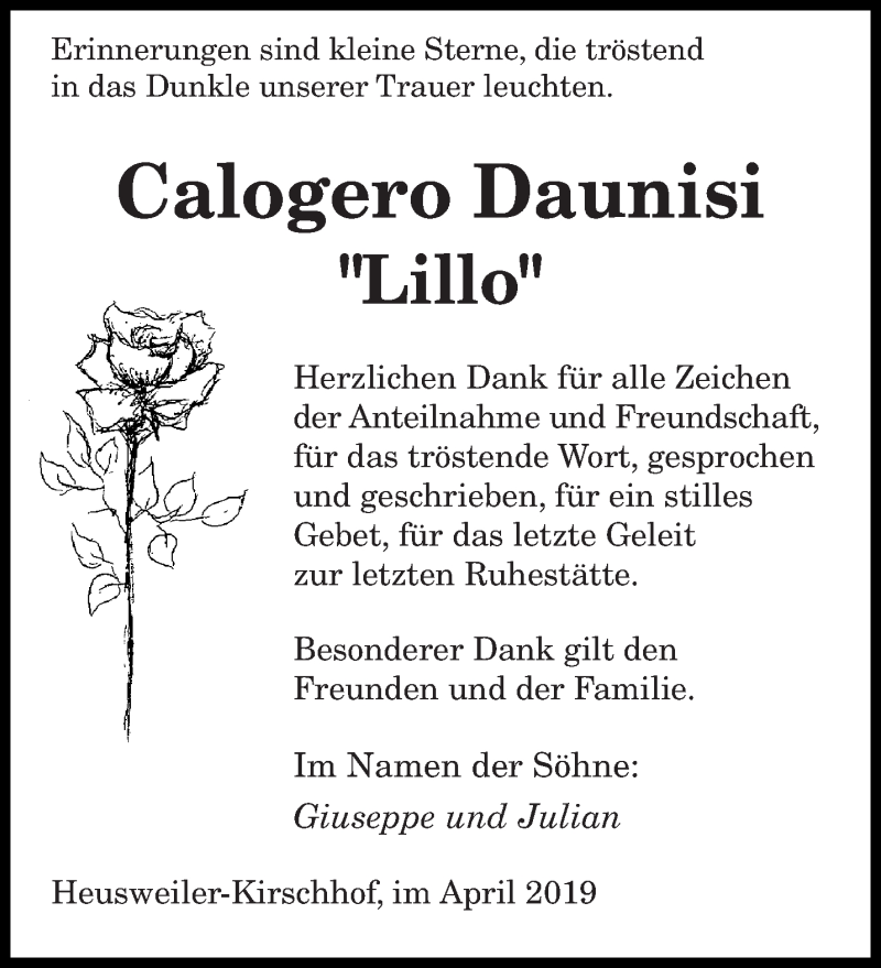 Traueranzeige für Calogero Daunisi vom 20.04.2019 aus saarbruecker_zeitung