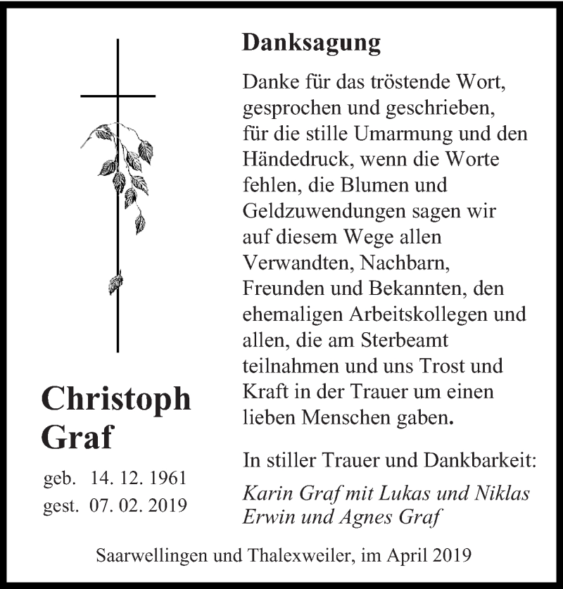  Traueranzeige für Christoph Graf vom 06.04.2019 aus saarbruecker_zeitung