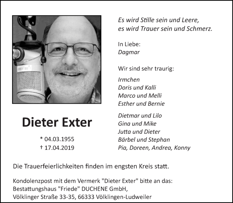  Traueranzeige für Dieter Exter vom 27.04.2019 aus saarbruecker_zeitung