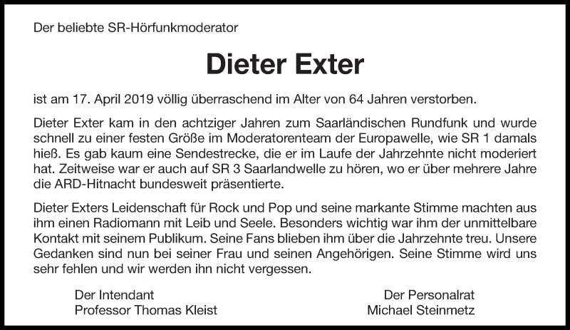  Traueranzeige für Dieter Exter vom 27.04.2019 aus saarbruecker_zeitung