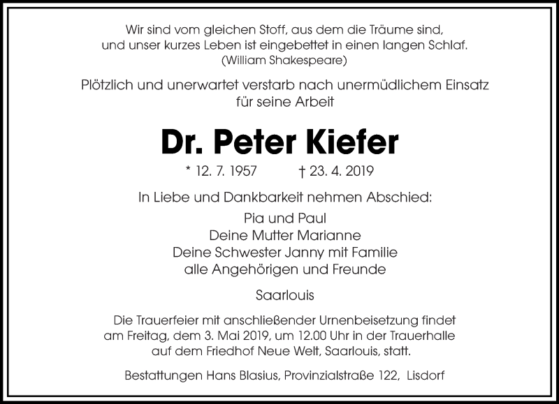  Traueranzeige für Dr. Peter Kiefer vom 27.04.2019 aus saarbruecker_zeitung