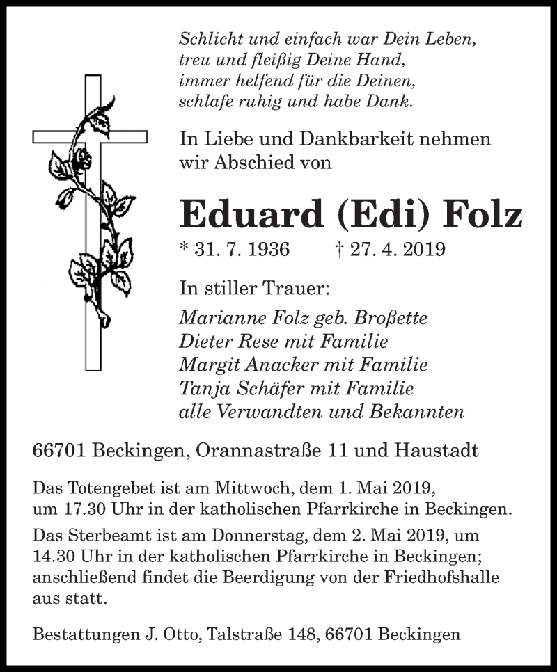  Traueranzeige für Eduard Edi Folz vom 29.04.2019 aus saarbruecker_zeitung