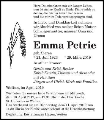 Traueranzeige von Emma Petrie von saarbruecker_zeitung