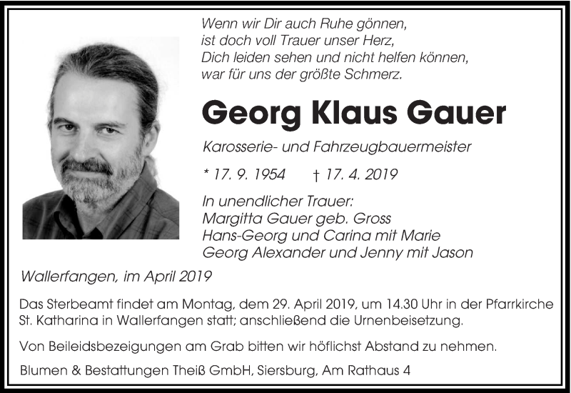  Traueranzeige für Georg Klaus Gauer vom 27.04.2019 aus saarbruecker_zeitung