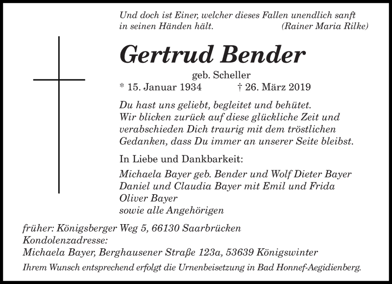  Traueranzeige für Gertrud Bender vom 06.04.2019 aus saarbruecker_zeitung