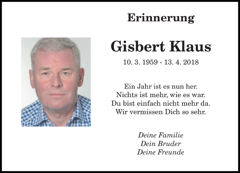  Traueranzeige für Gisbert Klaus vom 13.04.2019 aus saarbruecker_zeitung