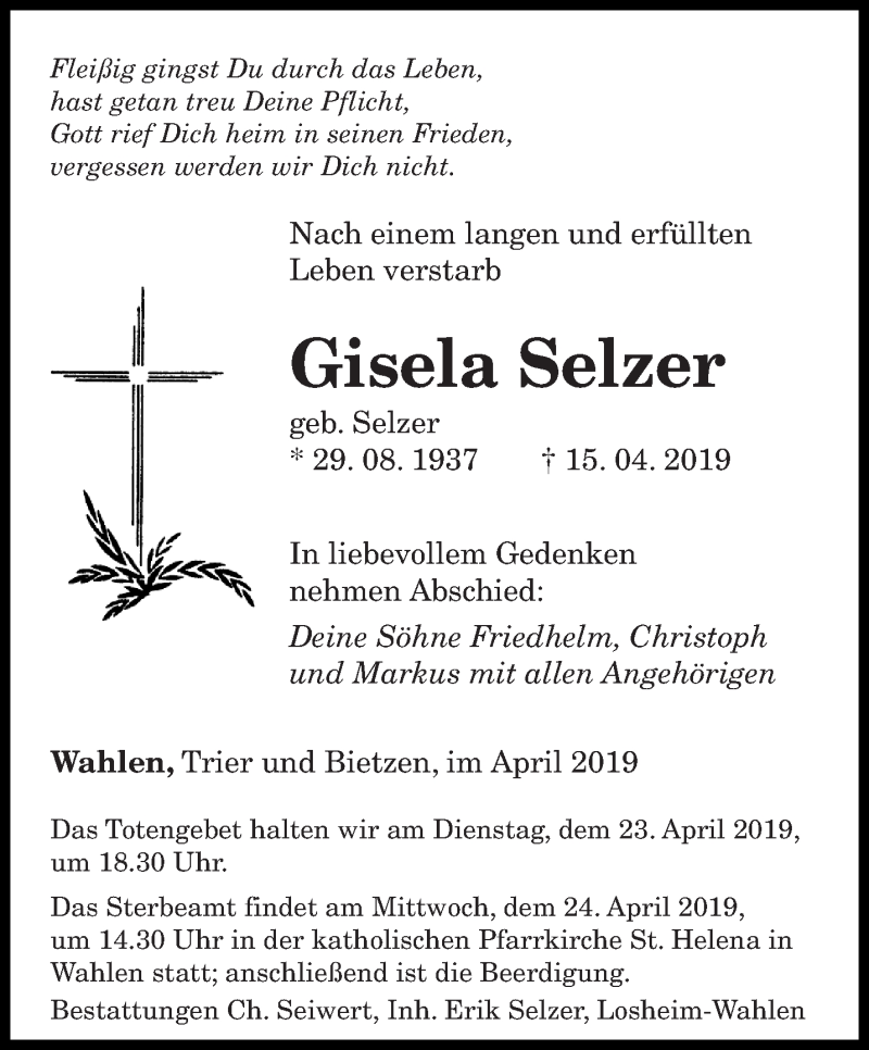  Traueranzeige für Gisela Selzer vom 18.04.2019 aus saarbruecker_zeitung