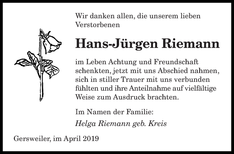  Traueranzeige für Hans-Jürgen Riemann vom 06.04.2019 aus saarbruecker_zeitung