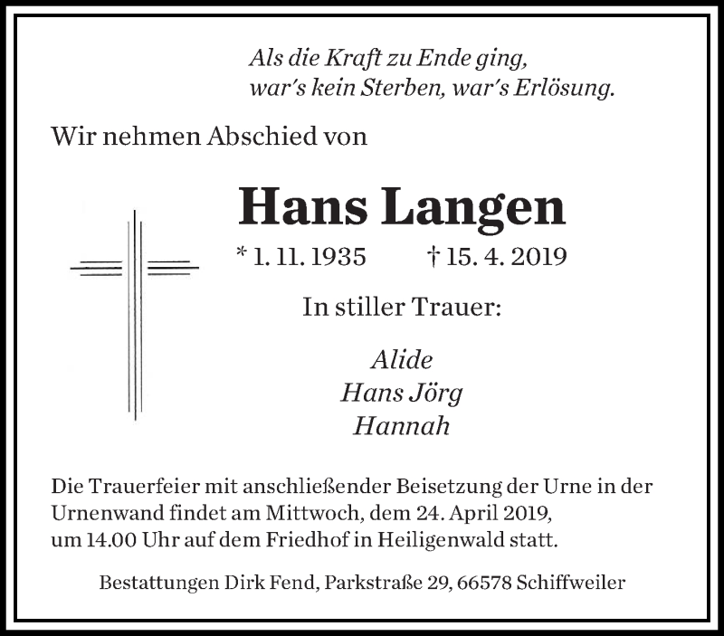  Traueranzeige für Hans Langen vom 20.04.2019 aus saarbruecker_zeitung