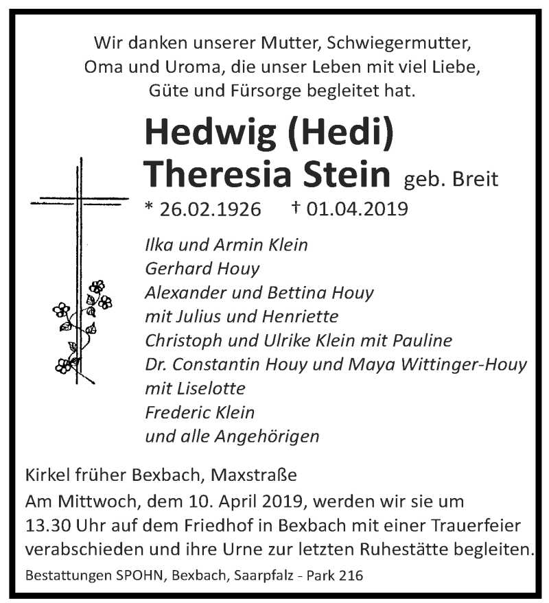  Traueranzeige für Hedwig Theresia Stein vom 06.04.2019 aus saarbruecker_zeitung