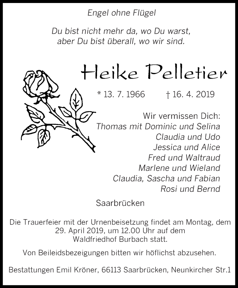  Traueranzeige für Heike Pelletier vom 20.04.2019 aus saarbruecker_zeitung