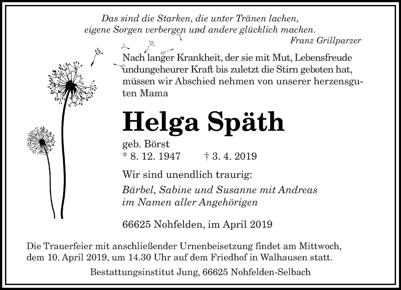  Traueranzeige für Helga Späth vom 06.04.2019 aus saarbruecker_zeitung