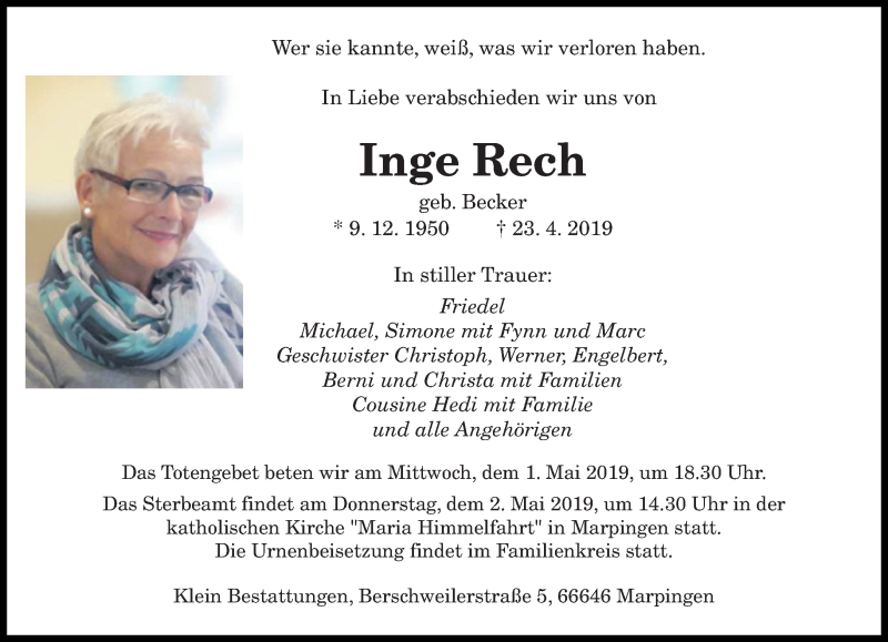  Traueranzeige für Inge Rech vom 27.04.2019 aus saarbruecker_zeitung