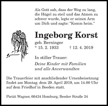 Traueranzeige von Ingeborg Korst von saarbruecker_zeitung