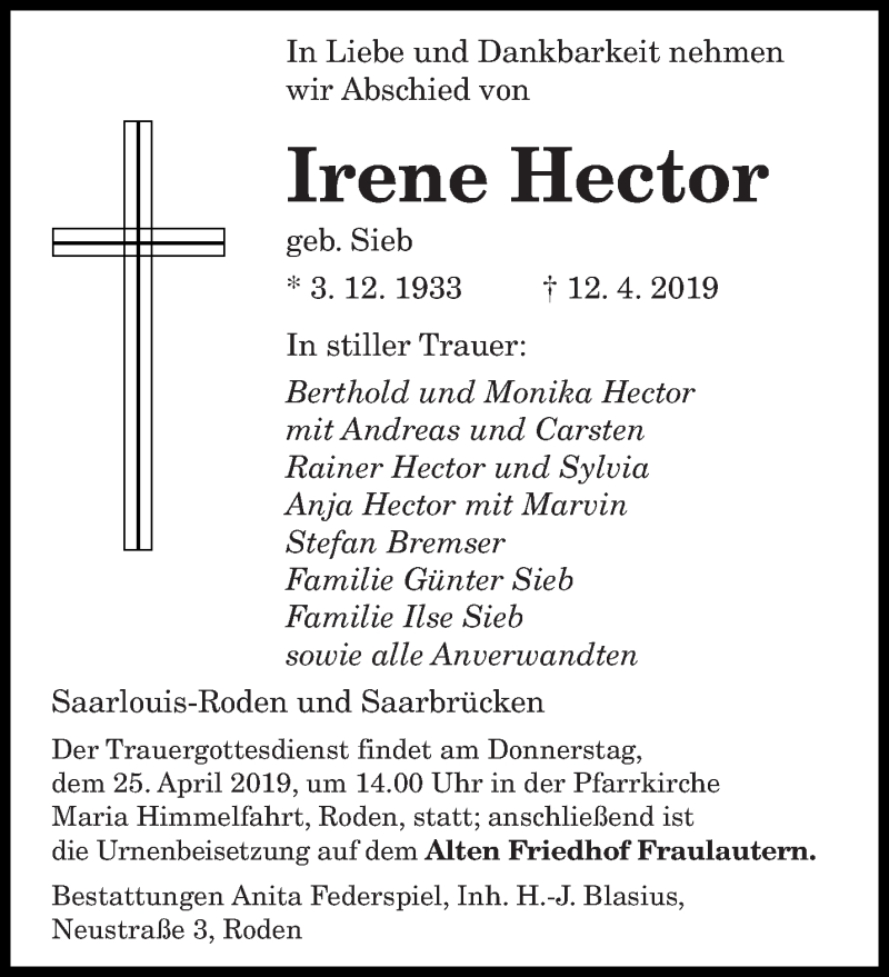  Traueranzeige für Irene Hector vom 20.04.2019 aus saarbruecker_zeitung