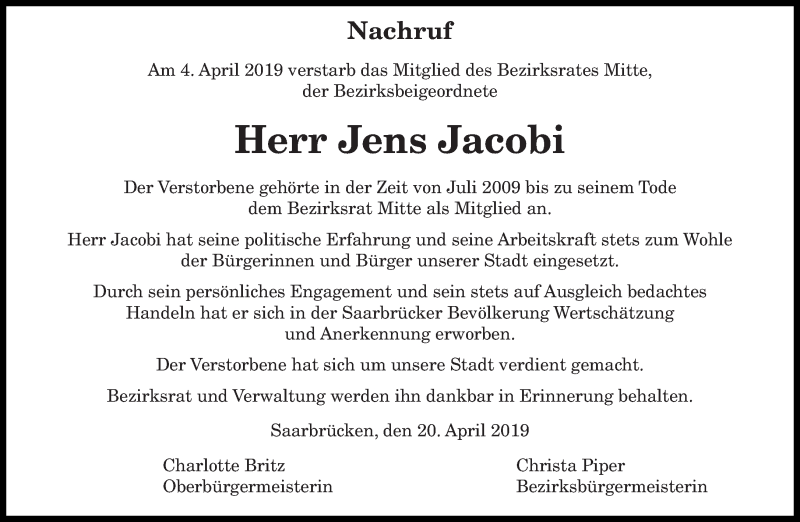  Traueranzeige für Jens Jacobi vom 20.04.2019 aus saarbruecker_zeitung