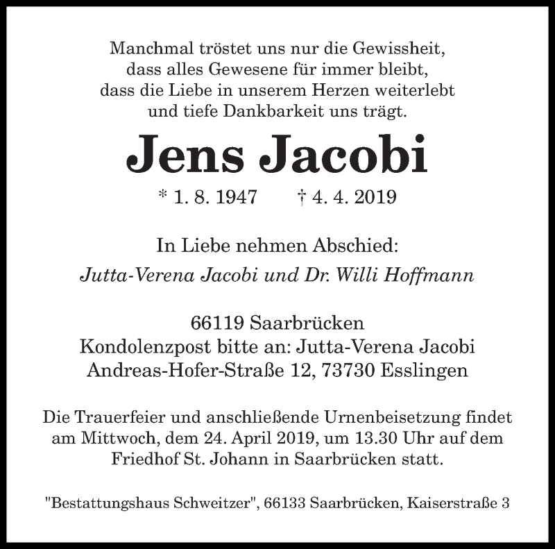  Traueranzeige für Jens Jacobi vom 13.04.2019 aus saarbruecker_zeitung