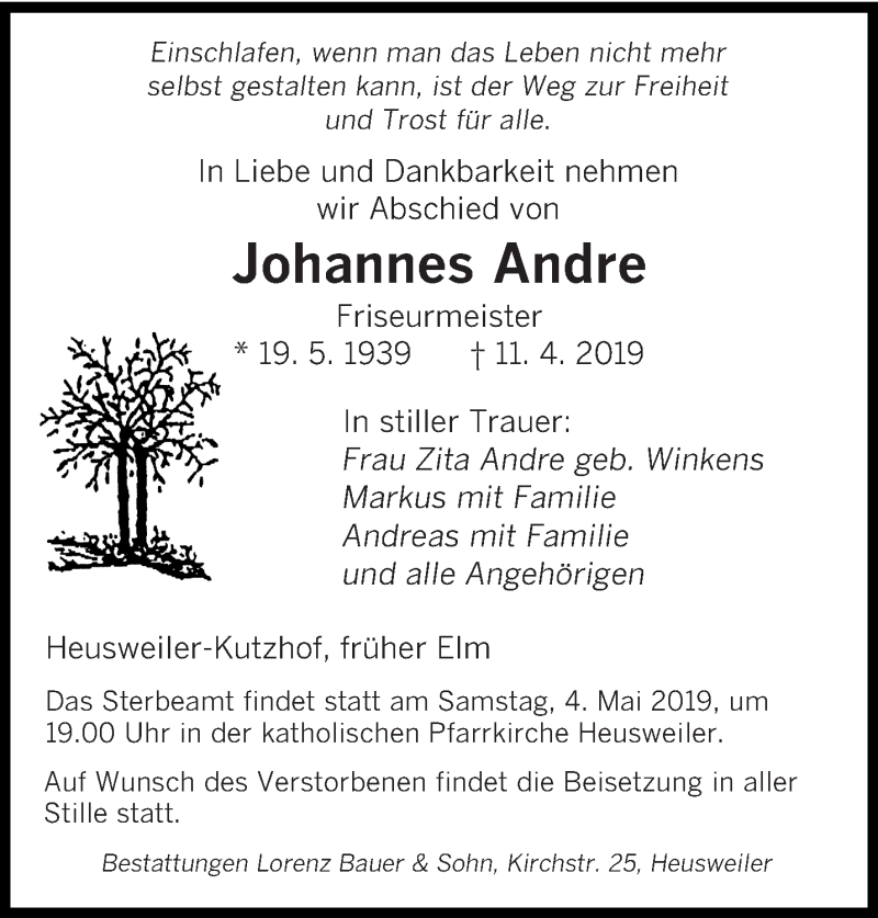  Traueranzeige für Johannes Andre vom 20.04.2019 aus saarbruecker_zeitung