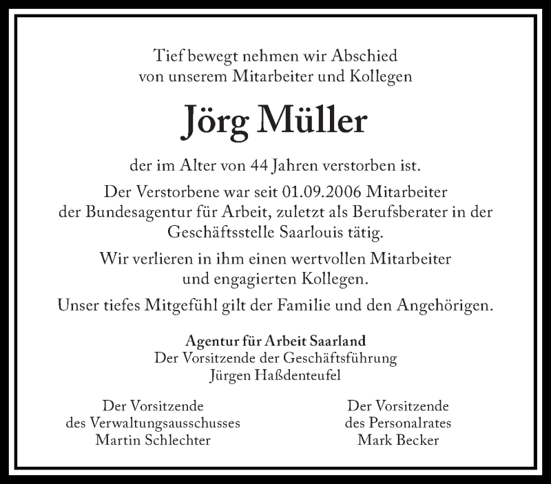  Traueranzeige für Jörg Müller vom 17.04.2019 aus saarbruecker_zeitung