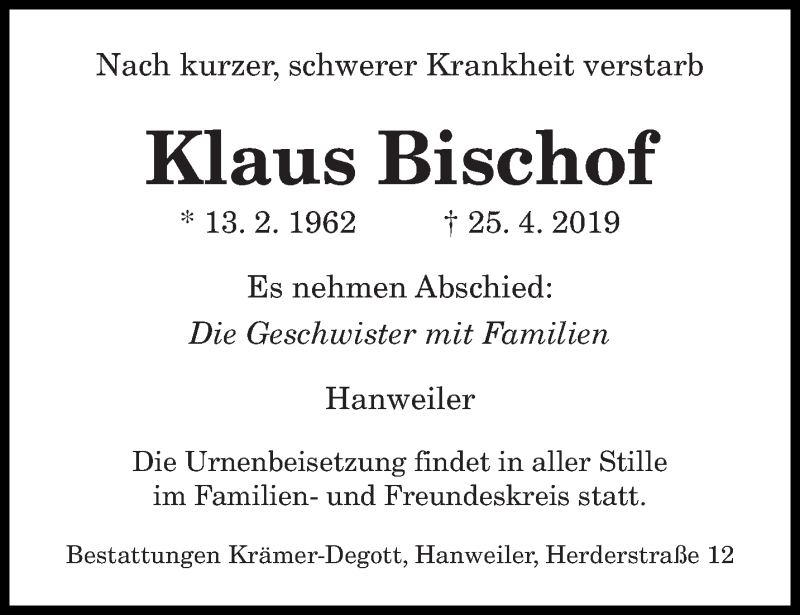  Traueranzeige für Klaus Bischof vom 27.04.2019 aus saarbruecker_zeitung