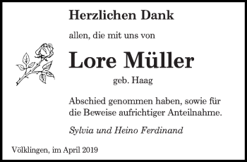 Traueranzeige von Lore Müller von saarbruecker_zeitung