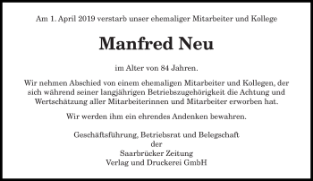 Traueranzeige von Manfred Neu von saarbruecker_zeitung