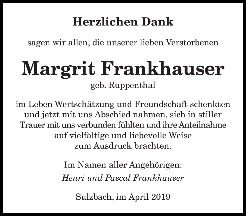  Traueranzeige für Margrit Frankhauser vom 13.04.2019 aus saarbruecker_zeitung
