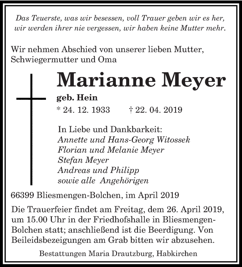  Traueranzeige für Marianne Meyer vom 24.04.2019 aus saarbruecker_zeitung